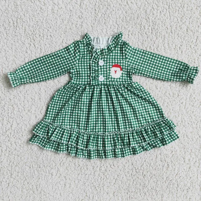 

2022 Christmas boutique autumn girls dress Santa Clause pattern green plaid button design children clothing sets wholesale