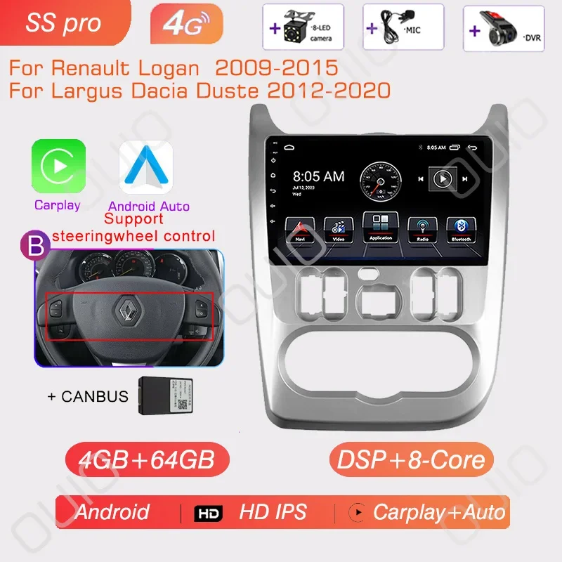 

Радио Android 13 для Renault Logan 1 Sandero 2009-2015 Largus Dacia Duste Автомобильный стерео мультимедийный плеер Carplay Auto GPS Navi