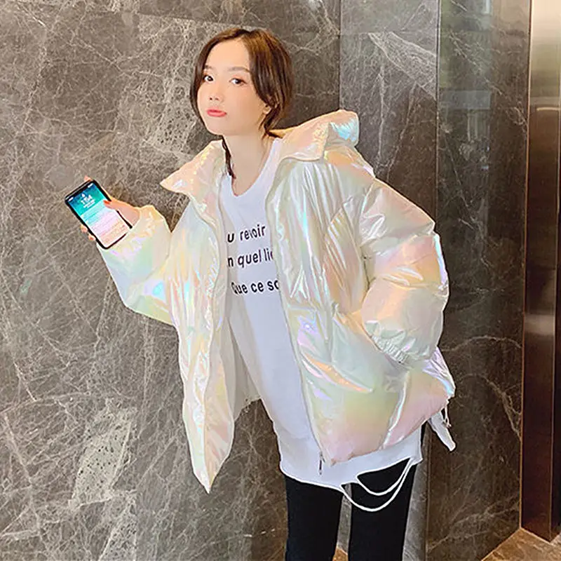 

Winter Cotton Women's Down Jacket Hooded Long Sleeve Cardigan Pockets Zipper Loose Solid Thick Fashion Casual Down Jacket