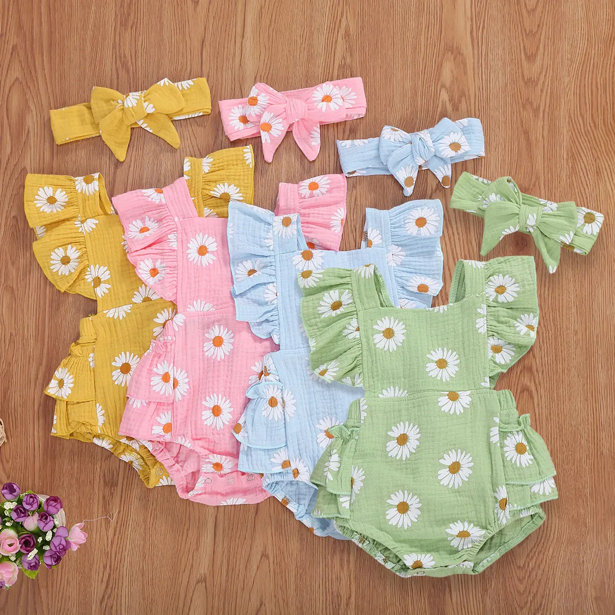 

0-24M Summer Newborn Baby Ruffles Floral Ruffle Bodysuits Jumpsuit Piece Backless Toddler Infant Playsuit+Headband Outfits