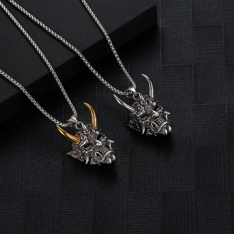 

Halloween Golden Horn Prajna Necklace Men's Punk Neo-Gothic Necklace Ghost Mask Dragon Head Halloween Gift