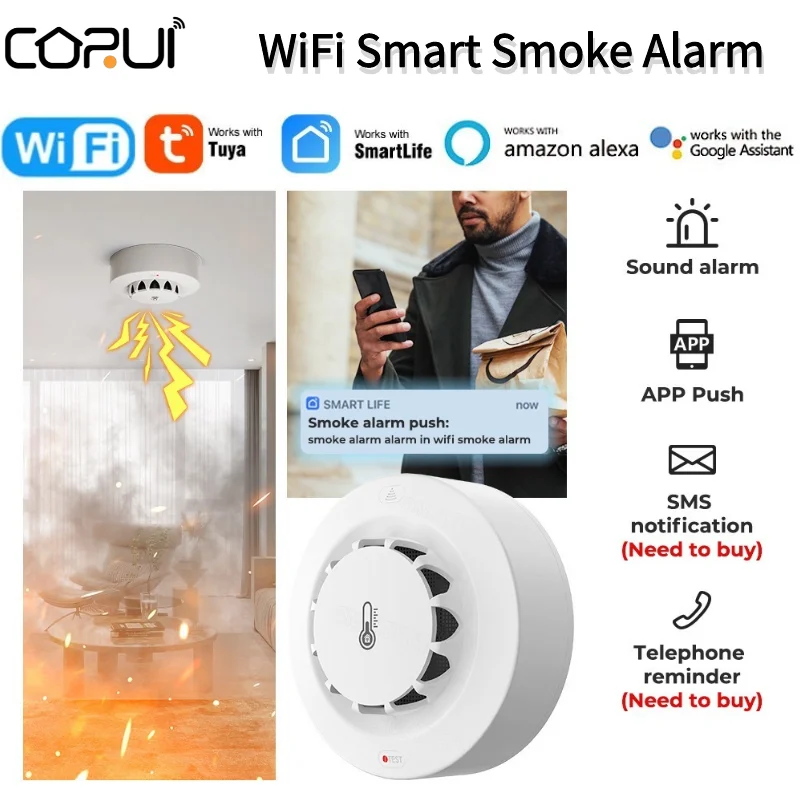 

CORUI Tuya WiFi Smart Smoke Alarm Thermohygrometer Fire Temperature And Humidity Detection For Alexa Google Home Smart Life APP