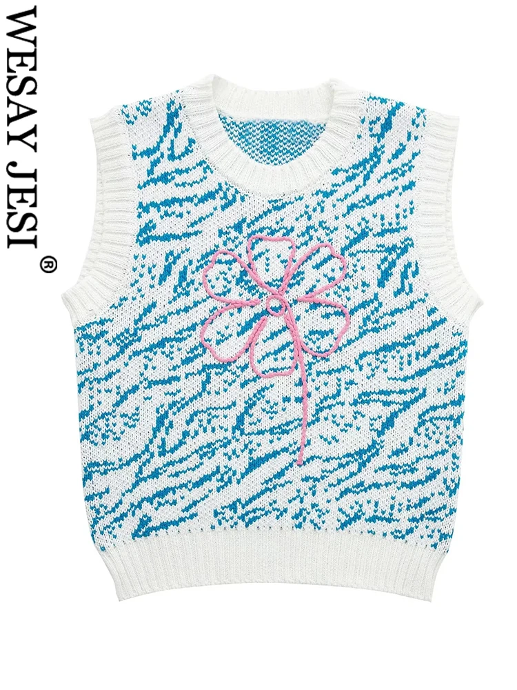 

WESAY JESI 2022 модный элегантный пуловер свитер жилет без рукавов Круглый вырез тонкий узор синий розовый цветок короткий вязаный Топ