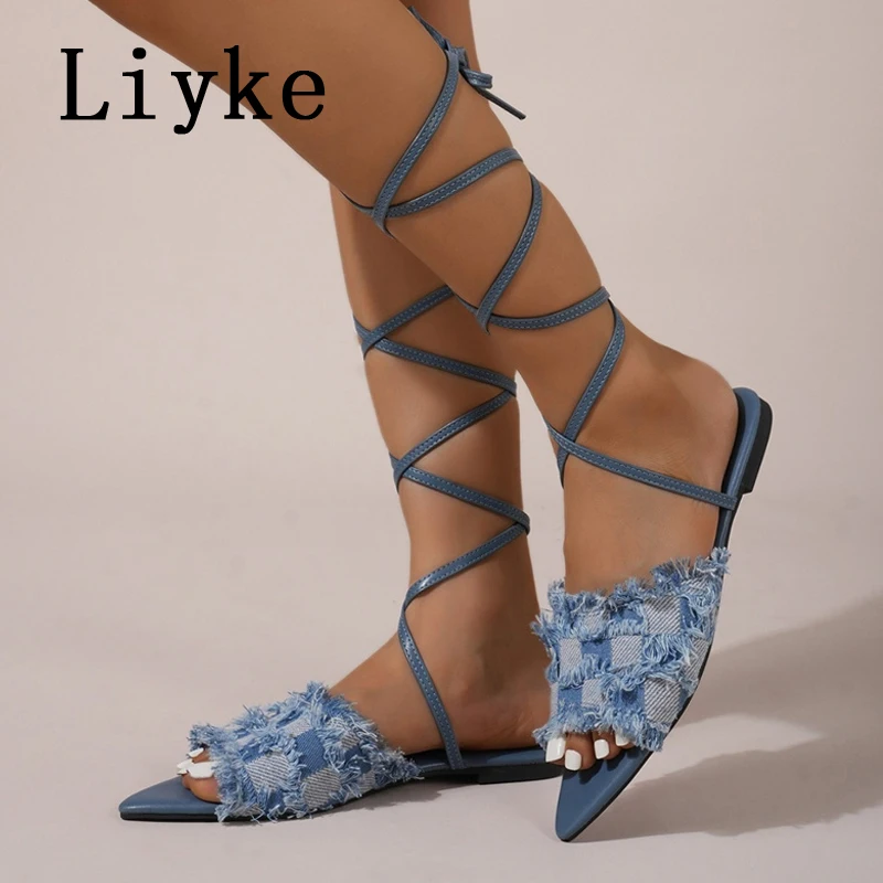 Сандалии Liyke женские с ремешком на щиколотке модные босоножки-гладиаторы плоской