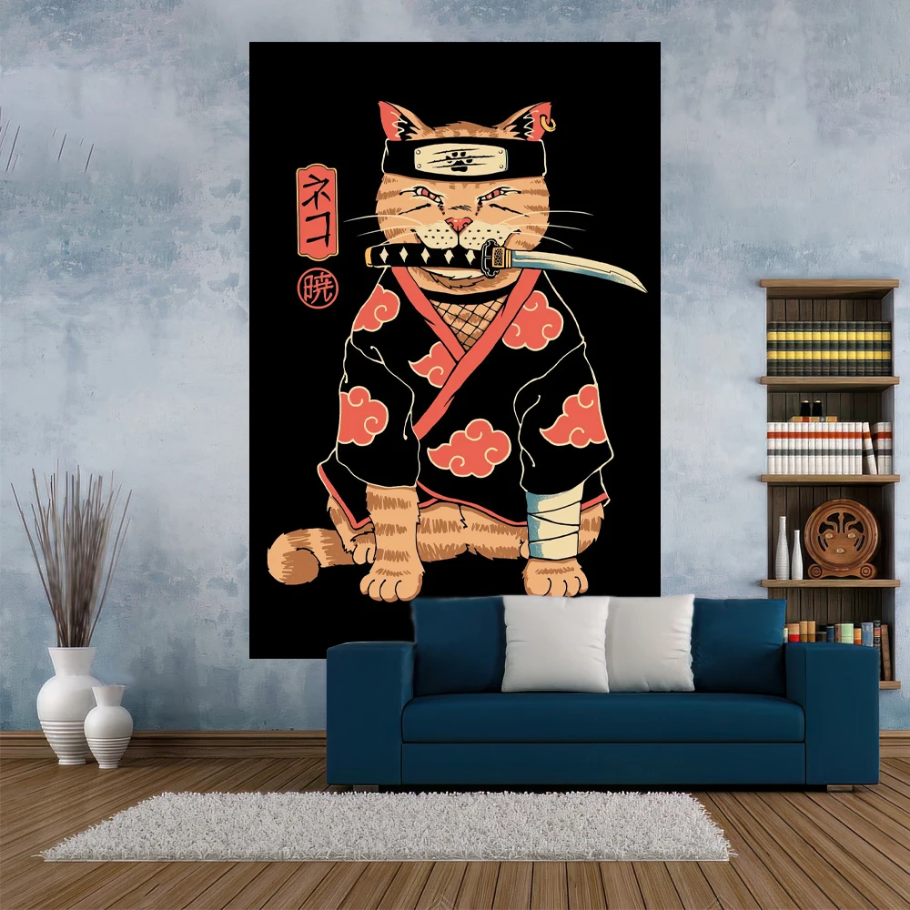

Kawaii гобелен с героями мультфильмов Samurai Кот напечатанный спальня или домашний декор настенные подвесные ковры вечерние фон пляжный коврик