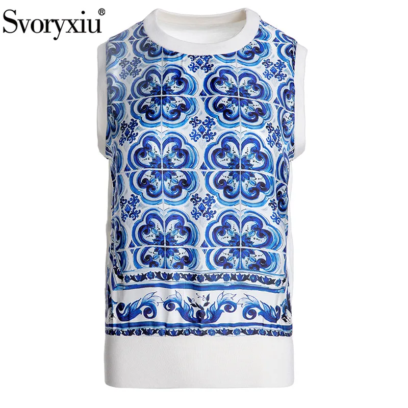 

Svoryxiu 2022 Runway Summer Vintage Silk Print Patchwork Wool Tank Tops Sleeveless Blue And White Porcelain Straight Slim Vests