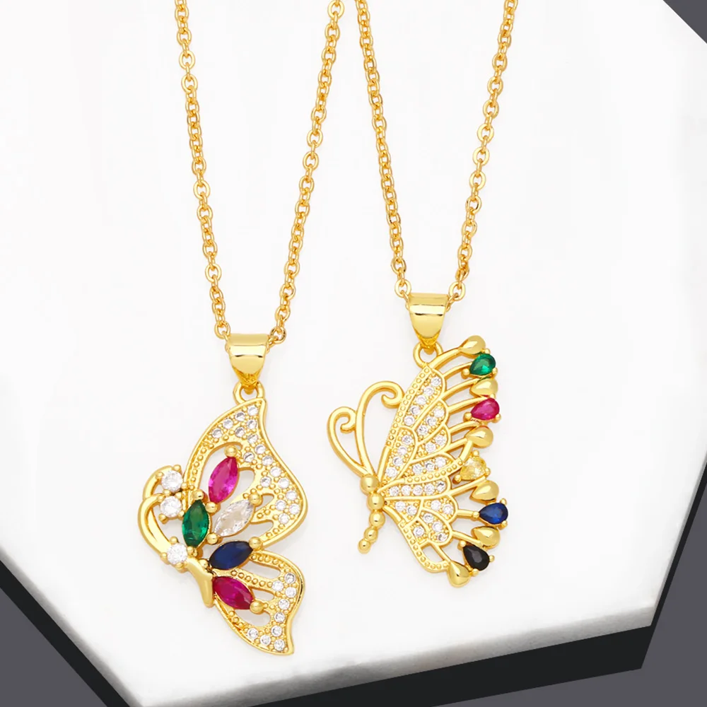 

Rainbow CZ Crystal Butterfly Necklace for Women Copper Gold Plated O Chain Necklace Simple Jewelry Gifts nkeb466