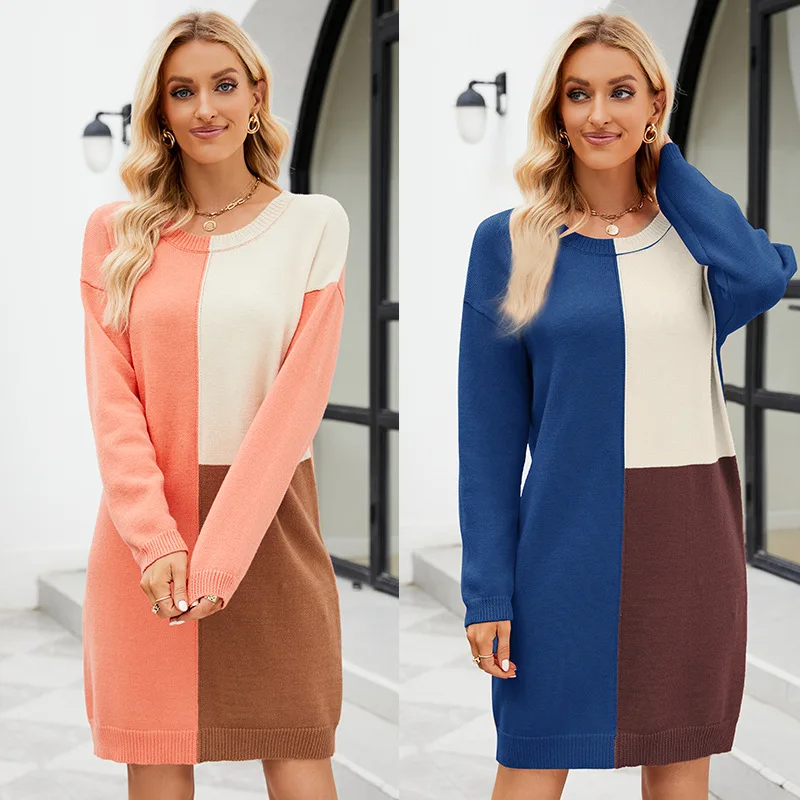 

2023 Autumn Winter Loose Fit Long Woolen Dress Temperament Pullover Knitwear Shirt Panel Contrast Knit Dress Women's Sweater Top