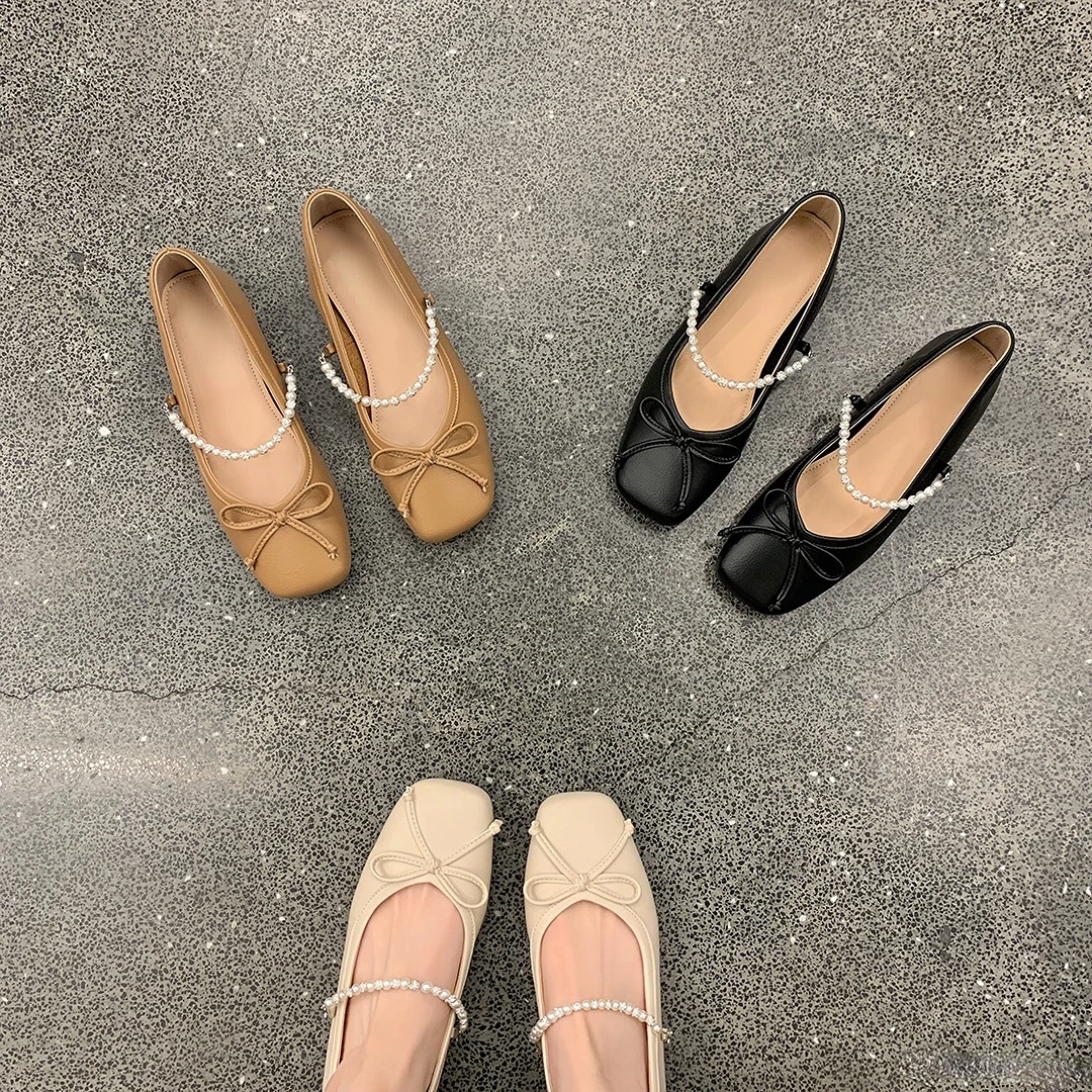 

BCEBYL весна/лето новые модные туфли на плоской подошве с квадратным носком и жемчугом со стразами и цепочкой Круглые Женские туфли большого размера