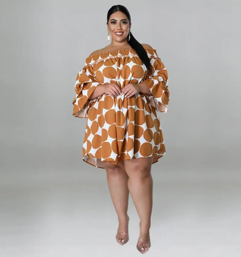 

Large Size Women's 2022 Summer New One-word Collar Stretch Rubber Band Printed Dot Seven-minute Sleeve Comfortable Casual Dress