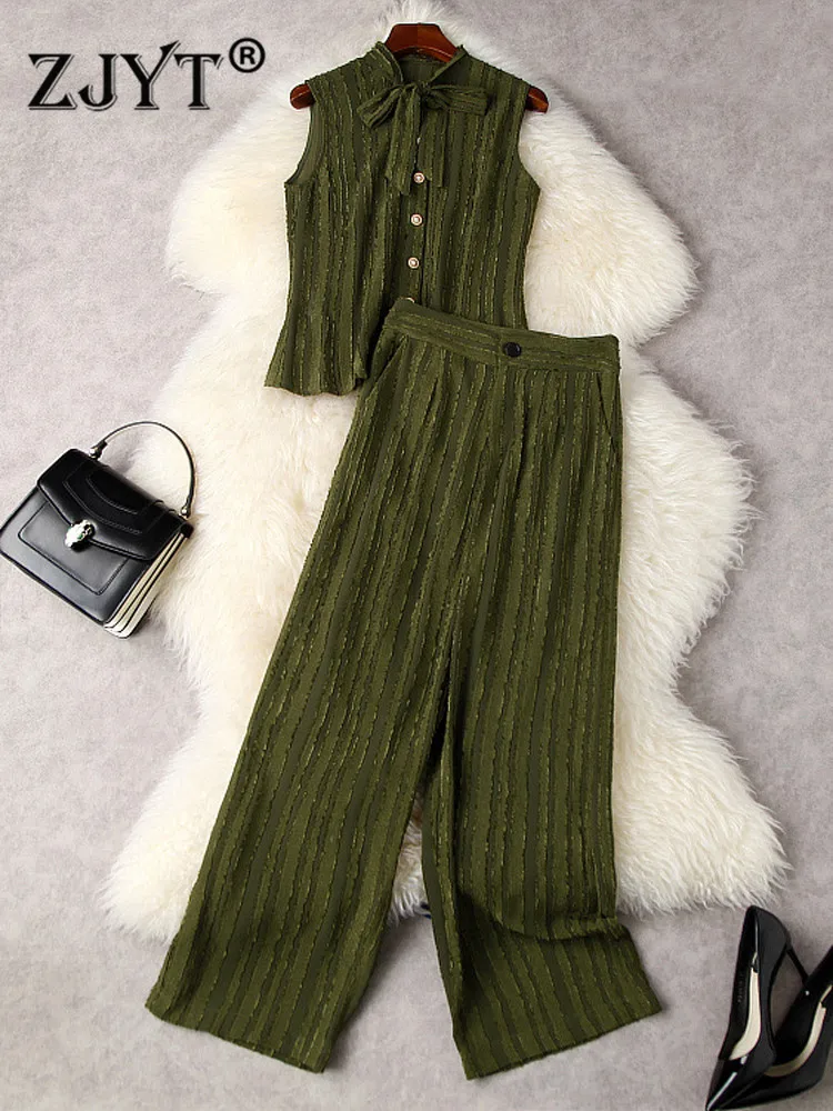 

ZJYT Elegant Ladies Designer Bow Collar Sleeveless Shirt and Pants 2 Piece Sets for Women Fashion Casual Outfits Summer Suits