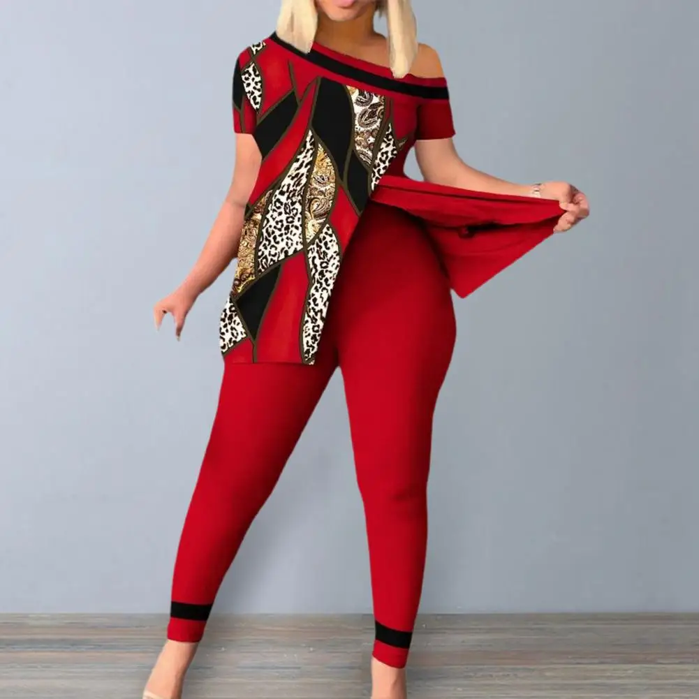 

Комплект из 2 предметов, Женский Топ и штаны с леопардовым принтом, женский топ и брюки, костюм с открытым плечом и разрезом на подоле, женски...