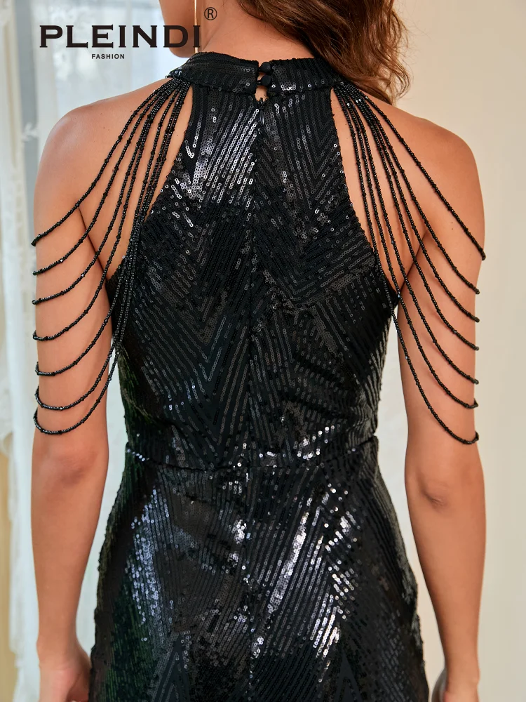 PLEINDI Luxury Evening Dresses O-Neck Sequins Mermaid Sleeveless Floor Length 2022 New of Exquisite Women Party Prom Dress