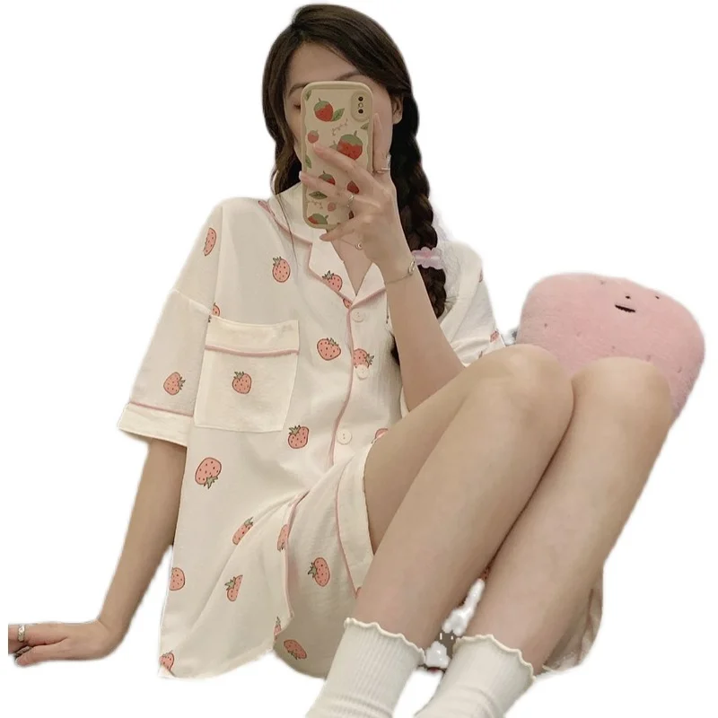 Новинка 2023 хлопковый кардиган с коротким рукавом в виде клубники пижама женская
