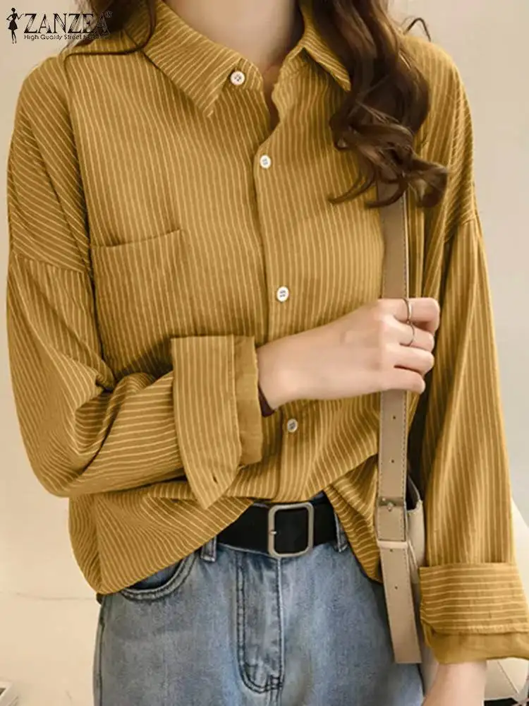 

Осенние женские Рабочие топы ZANZEA, модная полосатая рубашка, женская блузка с воротником с лацканами и длинным рукавом, корейские повседневные свободные блузки на пуговицах