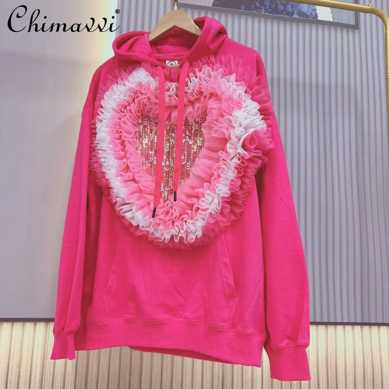 Thai Fashion High-End Designer Sequined Peach Heart Hoodie Top 2022 Winter Women's Trendy Loose Solid Pullover Hooded Sweatshirt