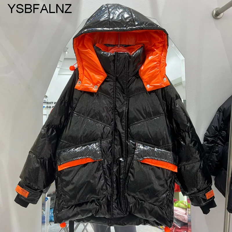 

Winter Glossy 90% White Duck Down Jacket Women's 2022 Fashion New Hooded Bread Fashion Puffer Snow Down Coat Short Feather Parka