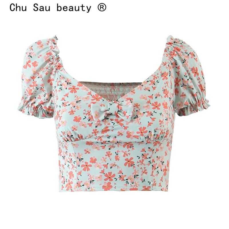 

New Fashion Sweet Chic Floral Print Bow Crop Tops Women Street Style V-neck Short Sleeve Blouses Female Elastic back Top De Moda