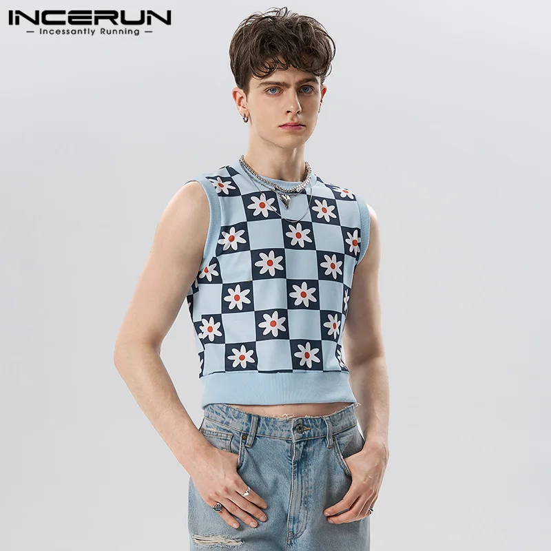 

2023 Men Tank Tops Flower Print O-neck Sleeveless Fashion Crop Tops Streetwear Fitness Summer Casual Male Vests S-5XL INCERUN