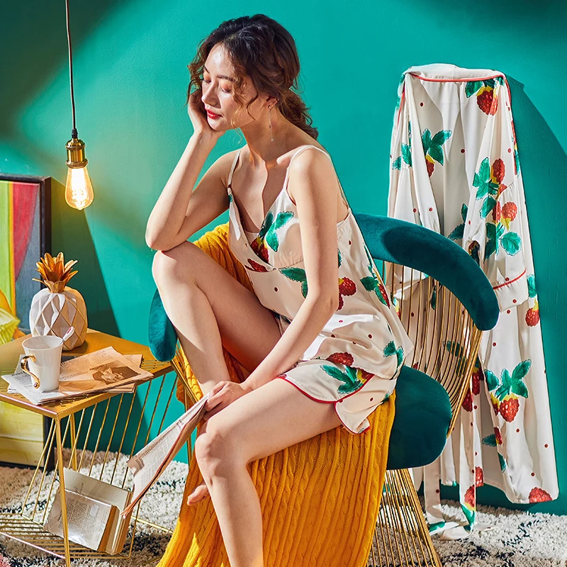 Summer Autumn 3 Pieces Set Long Robe Satin Pijamas Women Sleepwear Set Sleeveless Elastic Waist Pants Lounge Home Wear Clothes