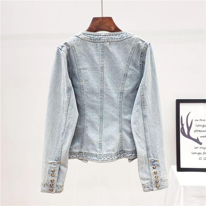 

Washed Vintage Blue Jeans Women Outerwear Autumn Harajuku Slim Short O-Neck Long sleeve Metal Button Denim Jacket Female