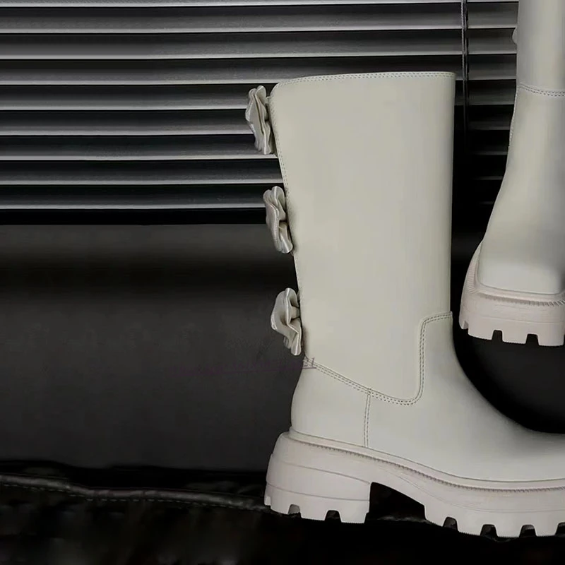New Bow-embellished Square-toe Thick Sole Mid-Calf Boots Solid Color Fashionable All-match Boots
