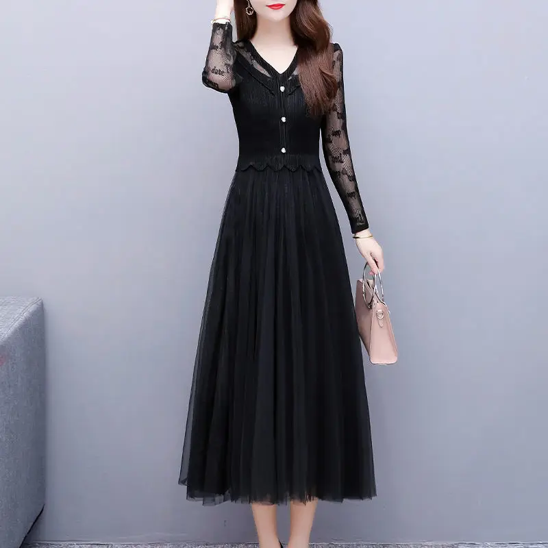 2023 Spring Female Black Lace Fold Dress Autumn Korean Vintage Mesh Patchwork Chic Dress Elegant Casual Evening Party Dress K69
