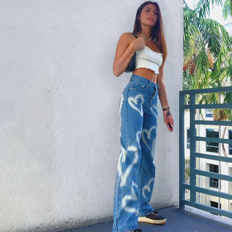 

Women's Clothes Fashion 2022 High Waist Slim Looser Trousers Love Graffiti Print Straight Jeans Female Casual Street Denim Pants