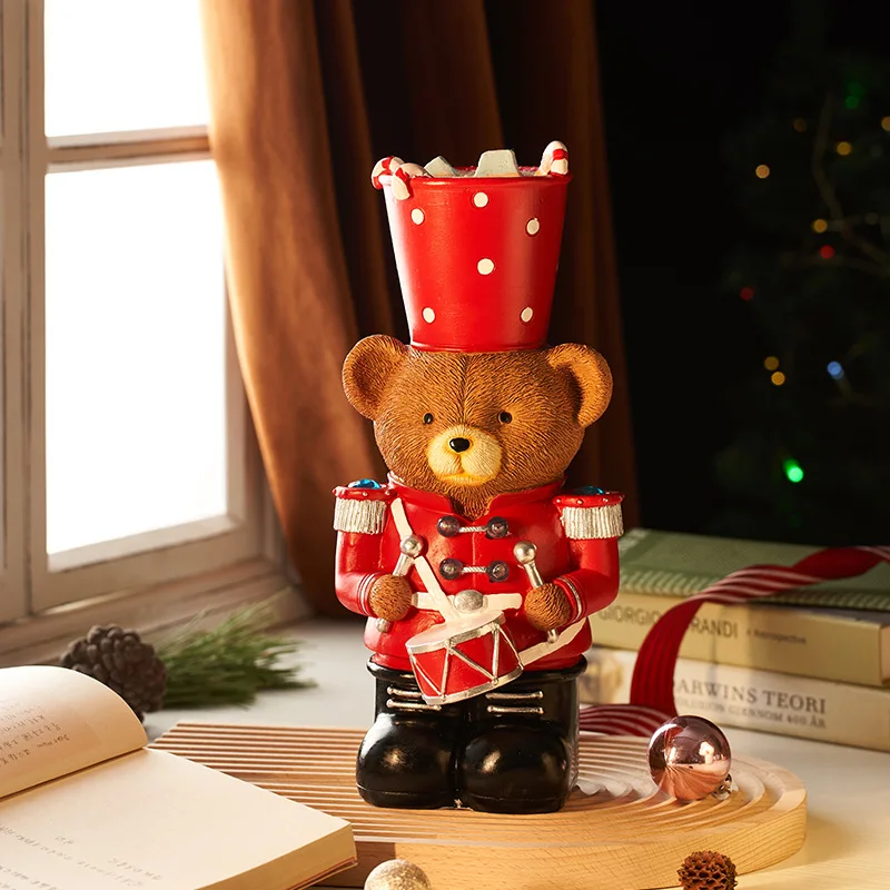 

New Violent Bear Christmas Decoration Milk Tea Cup Drumming Teddy Bear Living Room Resin Crafts Ornaments Home Accessories