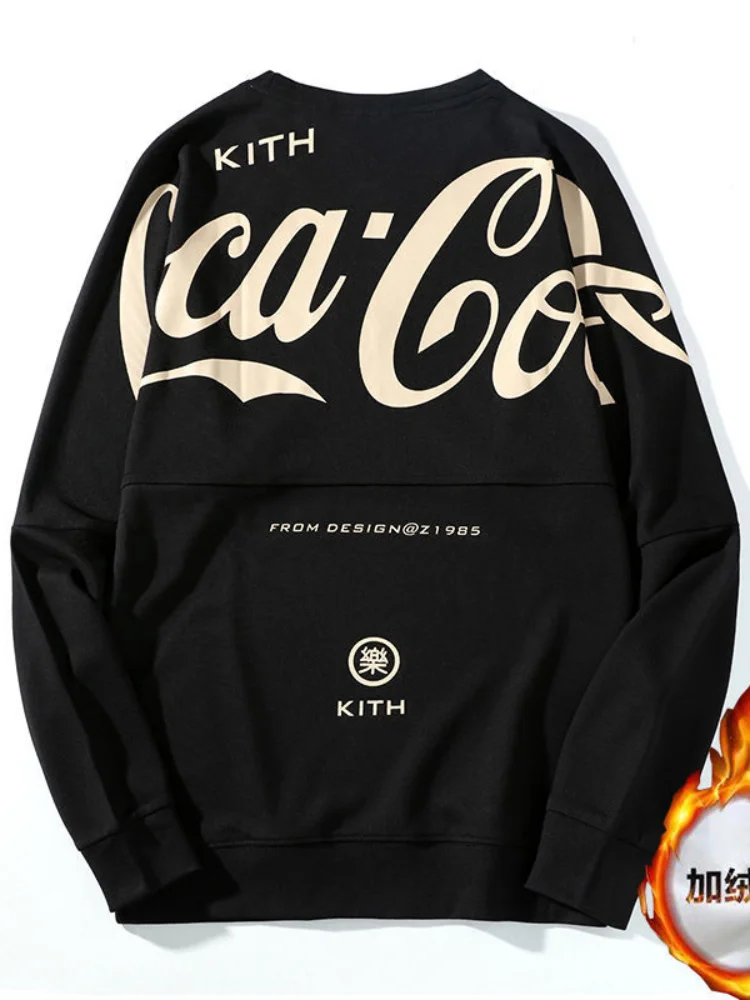 

CocaCola Fashion Brand Co branded kith sweater men's and women's fashion couple's casual Plush thickened long sleeve T-shirt