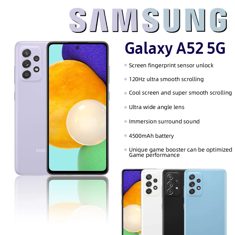 Samsung Galaxy A52 5G A5260 Unlocked Cell Phone 6.5 Inches 6GB RAM 128GB ROM Dual Sim Octa-core 64MP Camera Android Smartphone