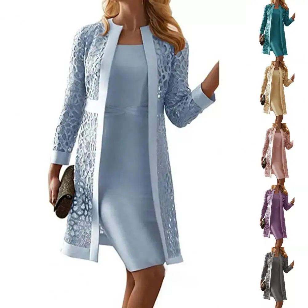 

Fashion Bodycon Dress Female Long Sleeve Middle Dress Coat Set Solid Color Spring/Autumn Sheath Dress for Office