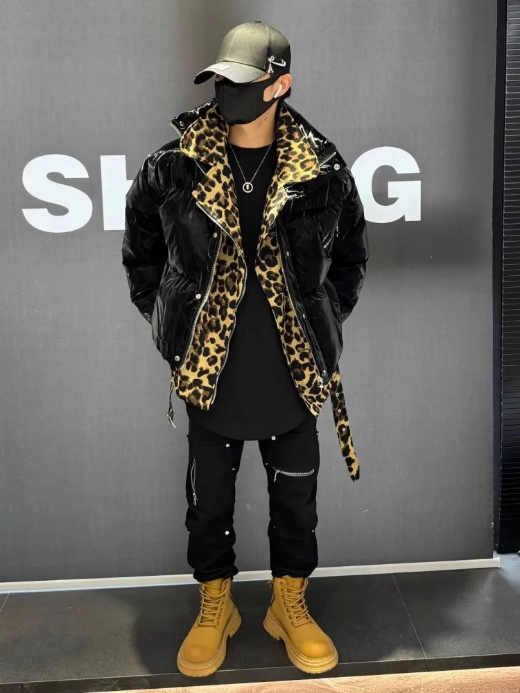 Зимнее мужское пальто модное лоскутное с леопардовым принтом искусственная