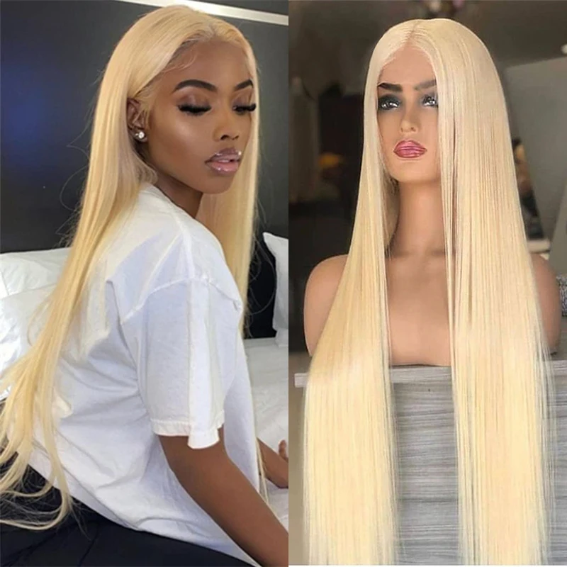 Blonde Straight Mixed Human Hair Blend Synthetic Wig Pre Plucked With Baby Hair Glueless 13x4 Lace Front Wig For Black Women