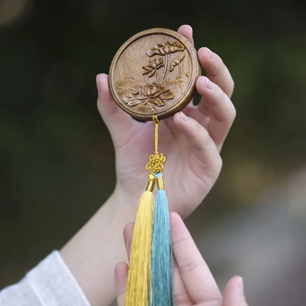

Mini Portable Travel Pocket Makeup Mirror Cosmetic Mirror Chinese Ancient Style Sandalwood Carving Vanity Mirror With Tassels