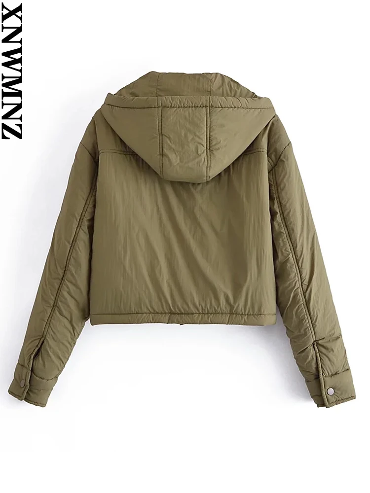 XNWMNZ 2022 autumn and winter women fashion casual hooded jacket female retro flip pocket wide padded jacket short parka