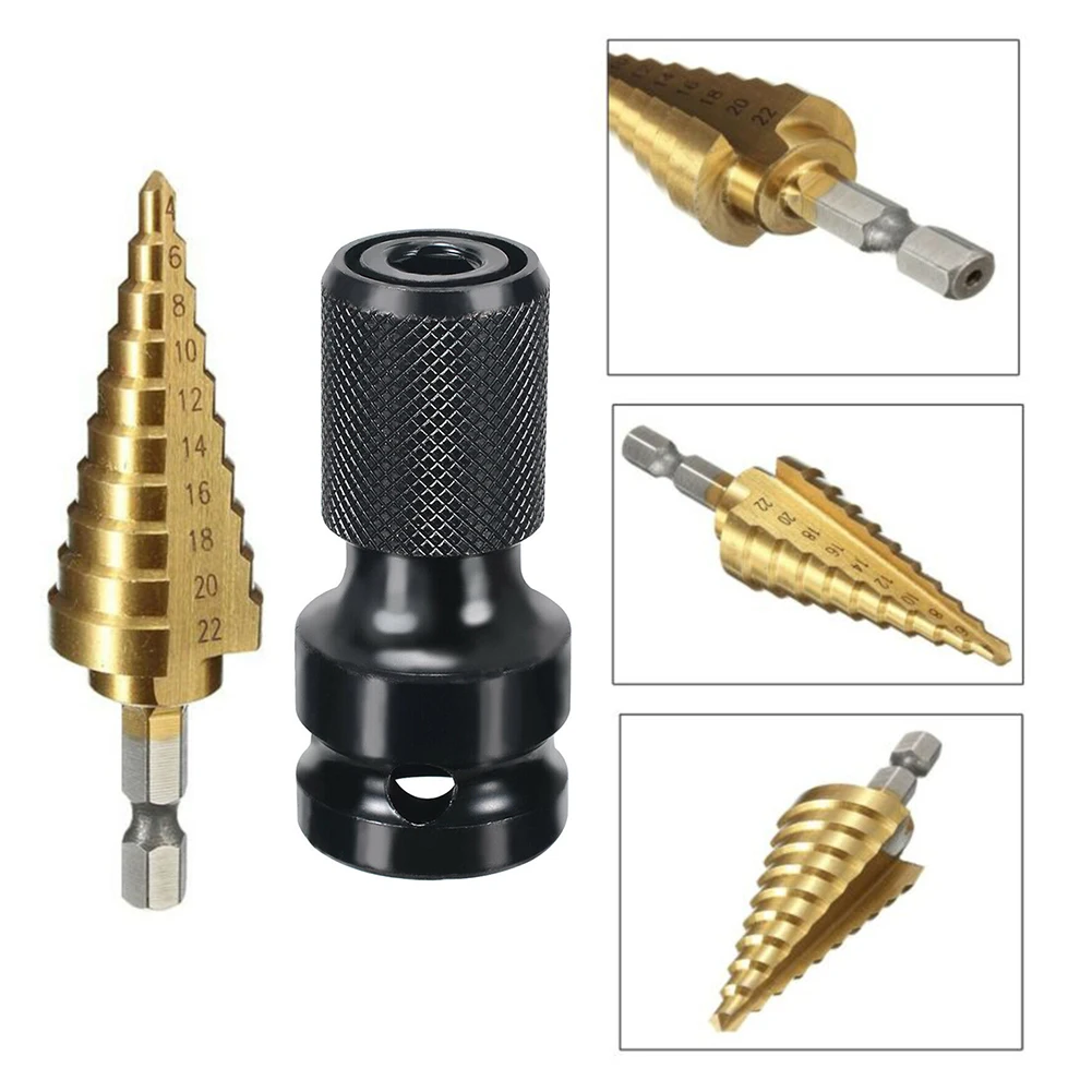 Drill Bit Connector Adapter Set Step Cone Drill Bits 4-22mm HSS4241 Hex Shank Titanium 1/2-1/4inch Adapter For Power Tools Parts