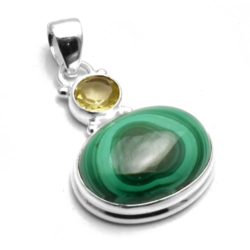 

Genuine Malachite + Citrine Pendant 925 Sterling Silver, 35 mm， AP9161