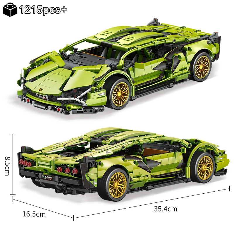 

1215 шт. технический зеленый спортивный автомобиль Lamborghinis, строительный блок, модель MOC, гоночный автомобиль, сборные кирпичи, игрушка для детей, подарки
