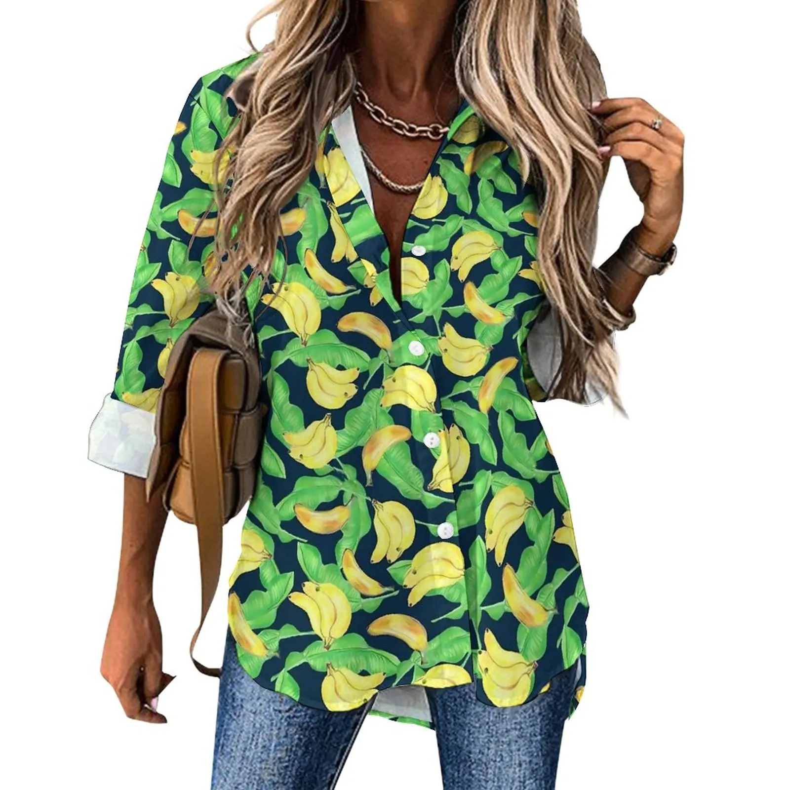 

Блузка с тропическим принтом банан, кавайная Повседневная Блузка на заказ, женская уличная рубашка, летние топы большого размера с длинным рукавом