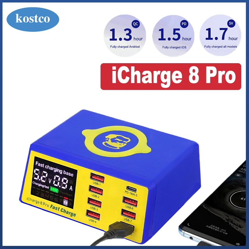

MECHANIC iCharge 8 Pro USB Smart Charger QC 3.0 Wireless Charge 60W 8-Port LED Display Quick Charge for Phone Charging Station
