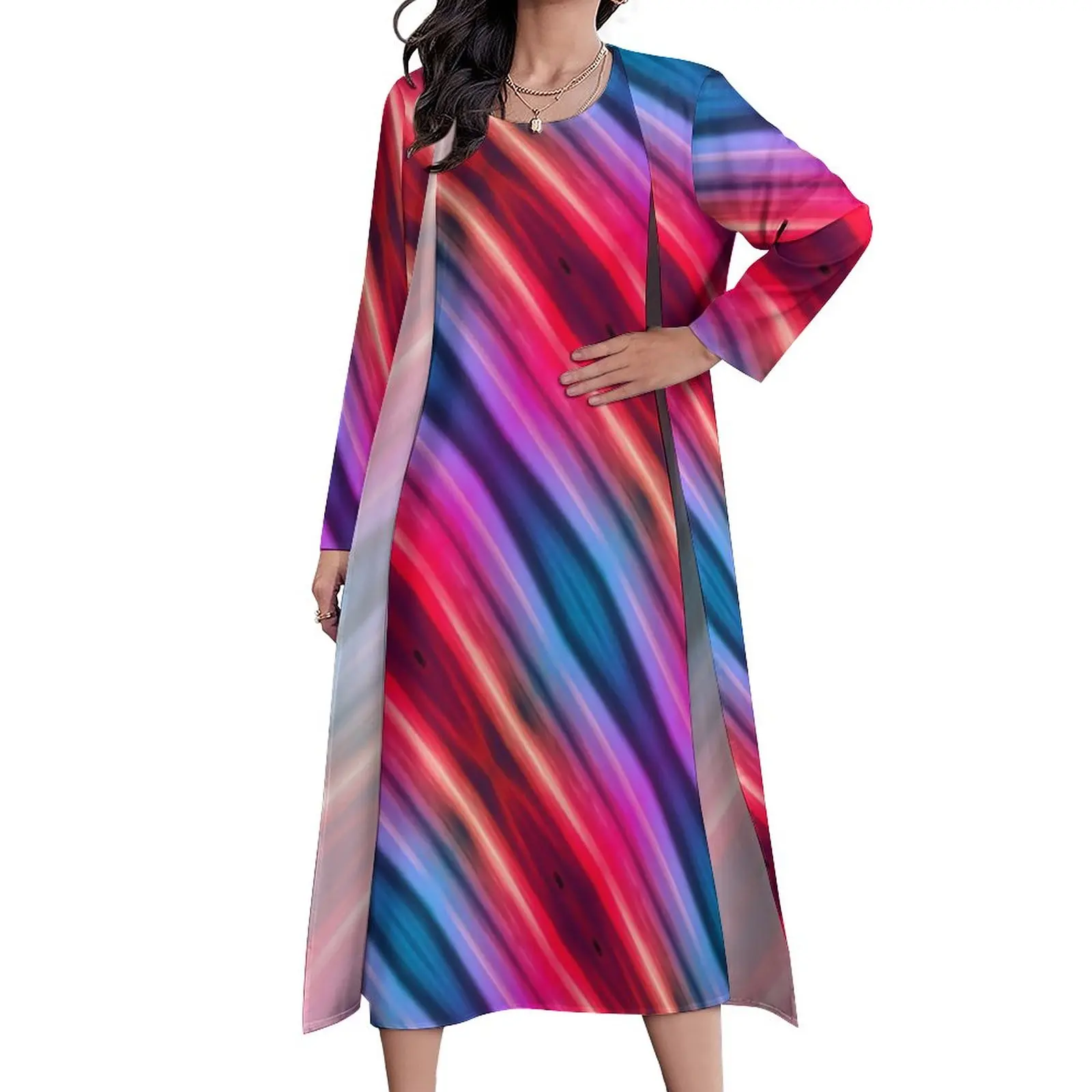 

Sunset Print Dress Autumn Flow Stripes Street Wear Boho Beach Long Dresses Female Design Modern Maxi Dress 3XL 4XL 5XL