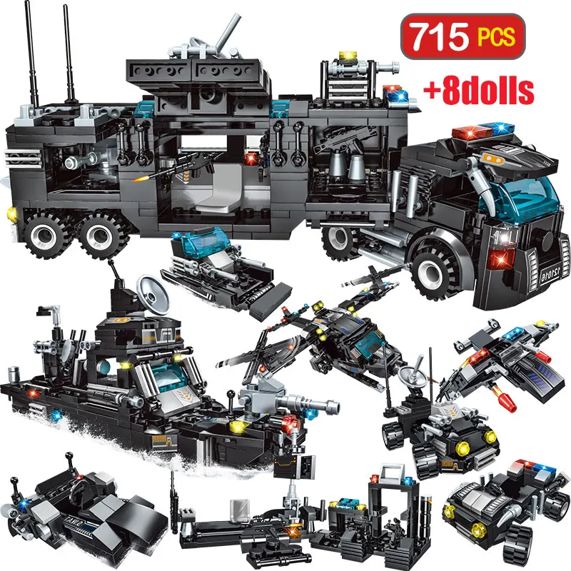 

750PCS City Police Station Truck Deformation Robot SWAT Helicopter WW2 Car Building Blocks Education Toys for Boys Kids Gifts