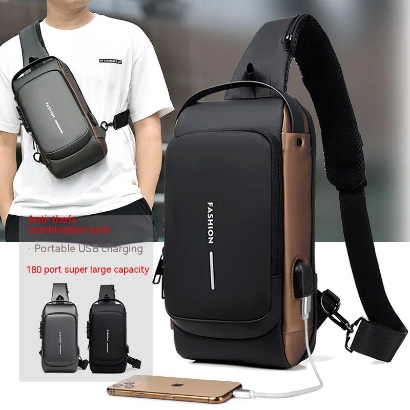 

Men's Single Shoulder Crossbody Bags Multifunctional Sports Slant Hanging Chest Backpack USB Charging Port Anti-theft Chest Bag