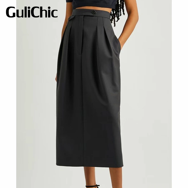 

9.14 GuliChic Women Temperament Office Lady Black Casual Pleated High Waist Back Split Midi Skirt