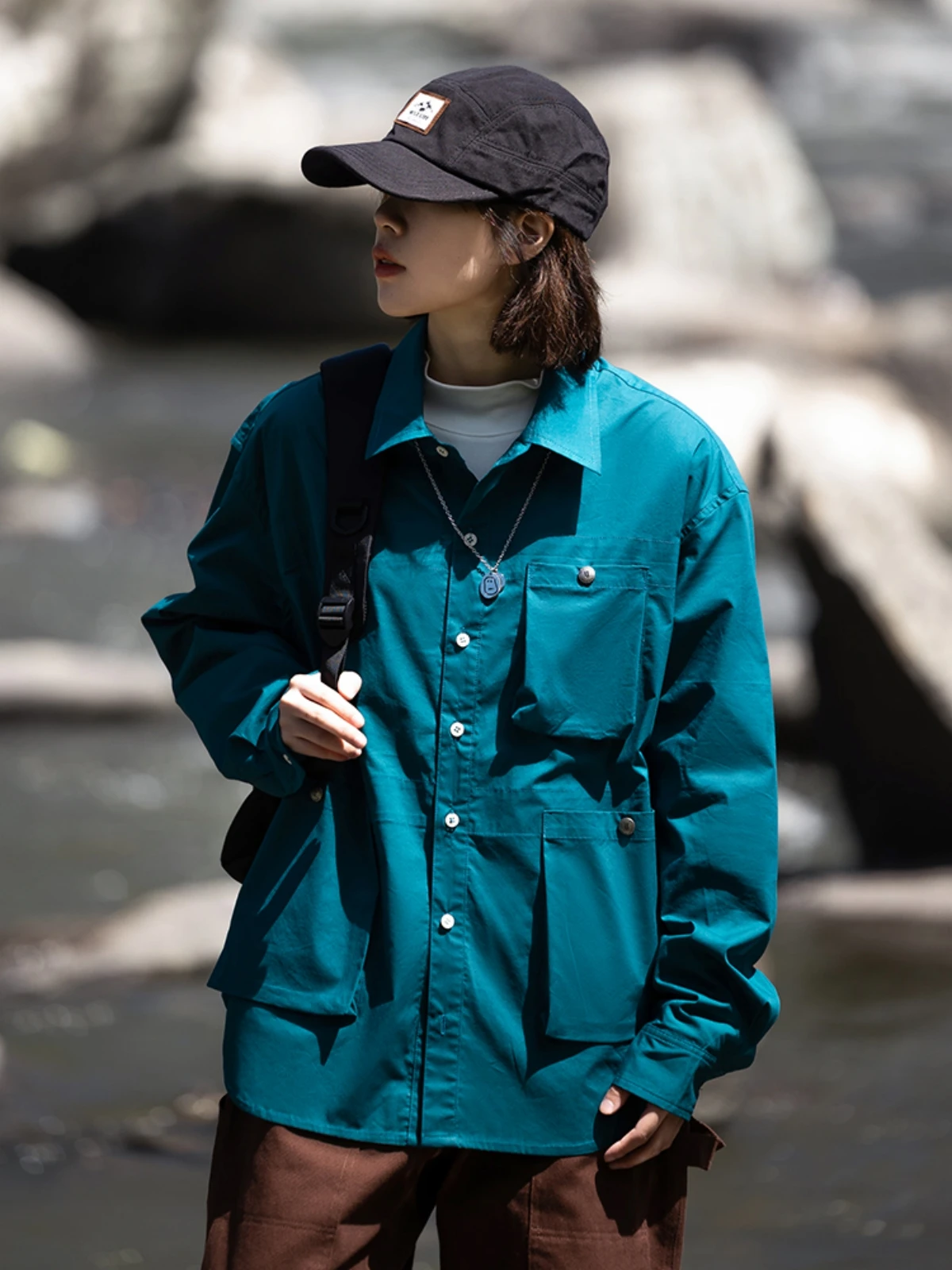 

Рубашка с длинными рукавами для мужчин и женщин, Повседневная Свободная синяя рубашка с несколькими карманами внутри и снаружи, винтажная рубашка, осень 2022