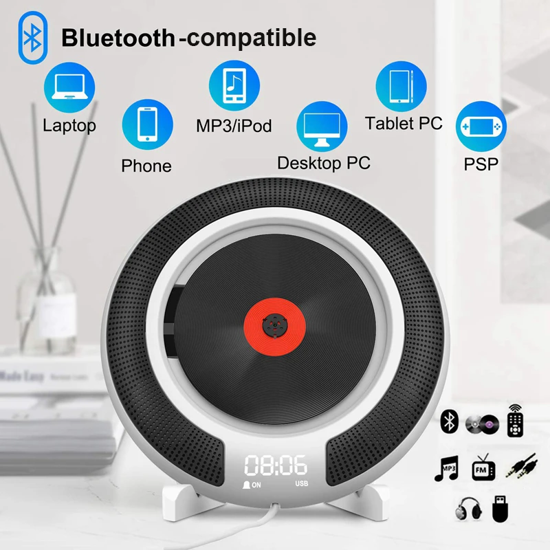 Icreative Portable Bluetooth-compatible CD Player Wall Mounted FM Radio Built-In HiFi Speaker with Remote Control Headphone Jack enlarge