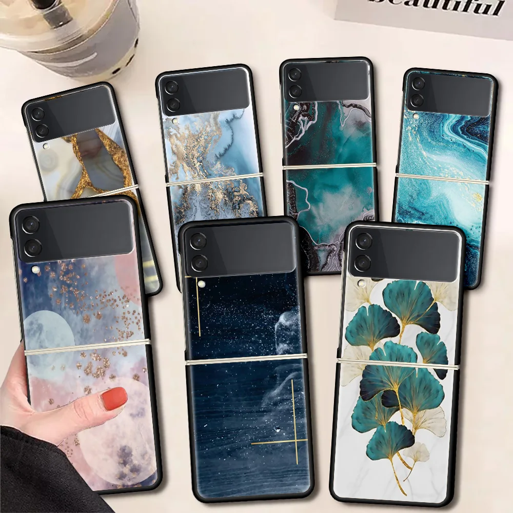 

Chic Marble Gold Foil Funda Case For Samsung Galaxy Z Flip 3 5G Luxury Z Flip3 Black PC Hard Shockproof Back Phone Coque Capa