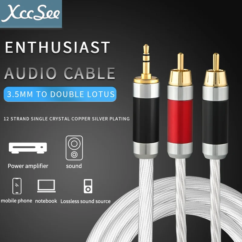 Посеребренный аудиокабель с разъемом 3 5 мм на 2RCA OFC вспомогательный стереокабель - Цена: 11094