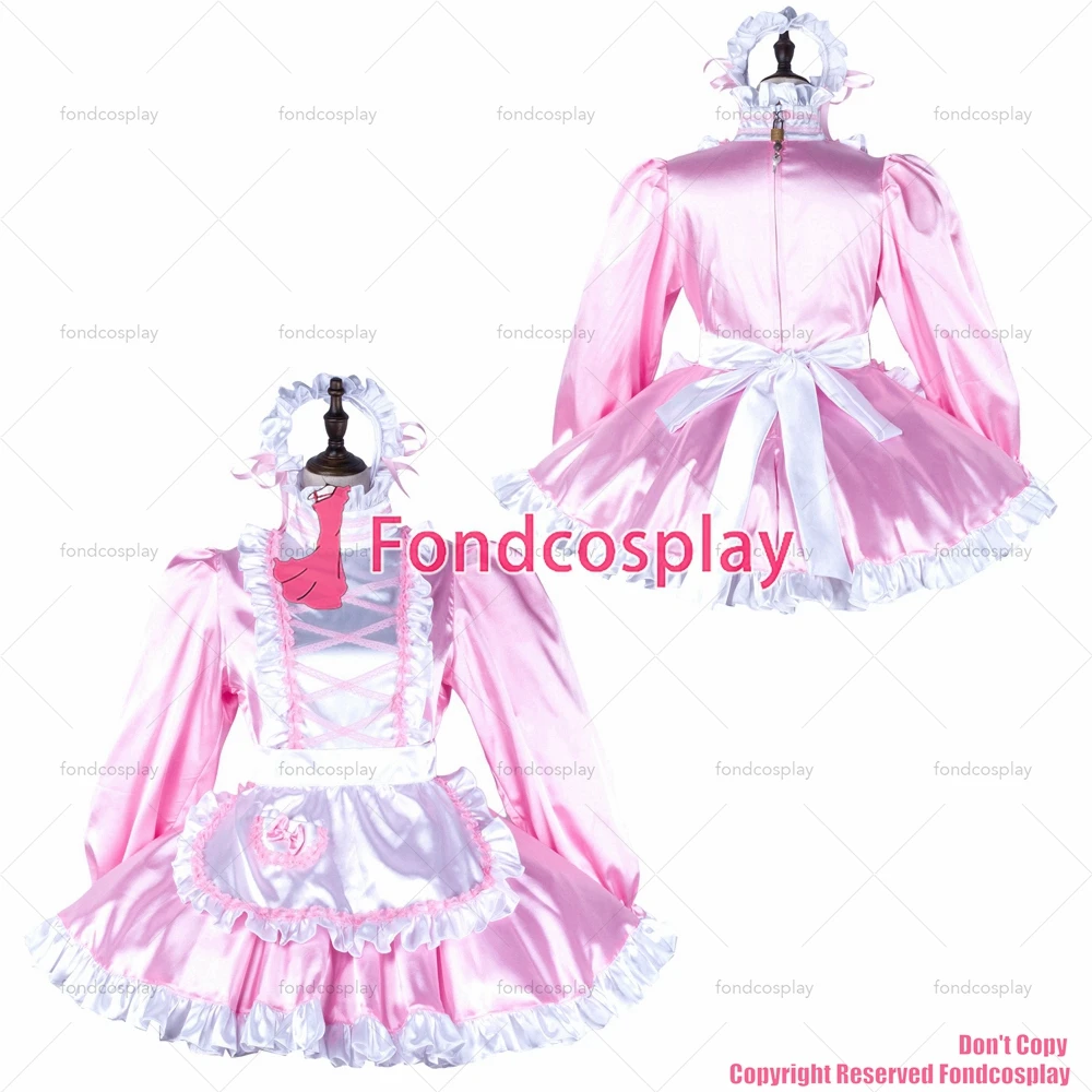 

fondcosplay adult sexy cross dressing sissy maid short baby pink satin dress lockable Uniform white apron CD/TV[G2341]